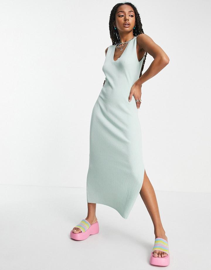 Topshop Knitted V Neck Sleeveless Dress In Mint-green