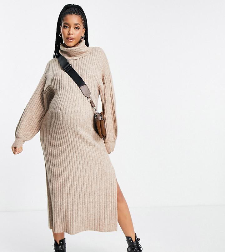Asos Design Maternity Ribbed Midi Dress With Roll Neck In Taupe-neutral