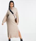 Asos Design Maternity Ribbed Midi Dress With Roll Neck In Taupe-neutral