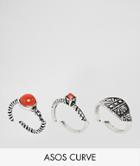 Asos Curve Exclusive Pack Of 3 Stone Detail Rings - Silver