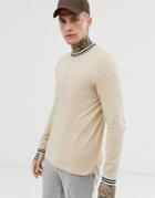Asos Design Long Sleeve T-shirt With Contrast Tipping In Beige - Beige