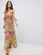 Asos Design Cuban Tile Print Off Shoulder Bardot Frill Maxi Beach Dress-multi