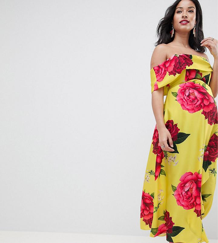 Asos Design Maternity Bandeau Dress With Dipped Hem In Floral Print-multi