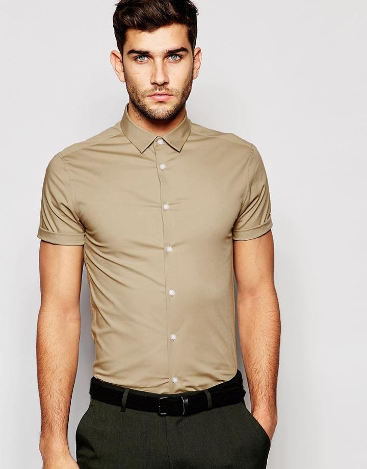 Asos Skinny Shirt In Stone With Short Sleeves - Stone