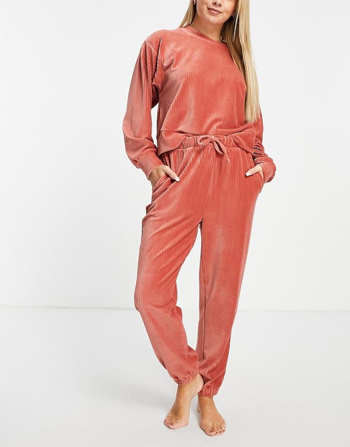 Asos Design Lounge Velour Rib Sweat & Sweatpants Set In Rust-orange