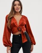 Asos Design Long Sleeve Plunge Top With Buckle Front And Kimono Sleeve - Orange