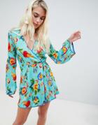 Asos Design Wrap Kimono Beach Sundress In Botanical Print - Multi