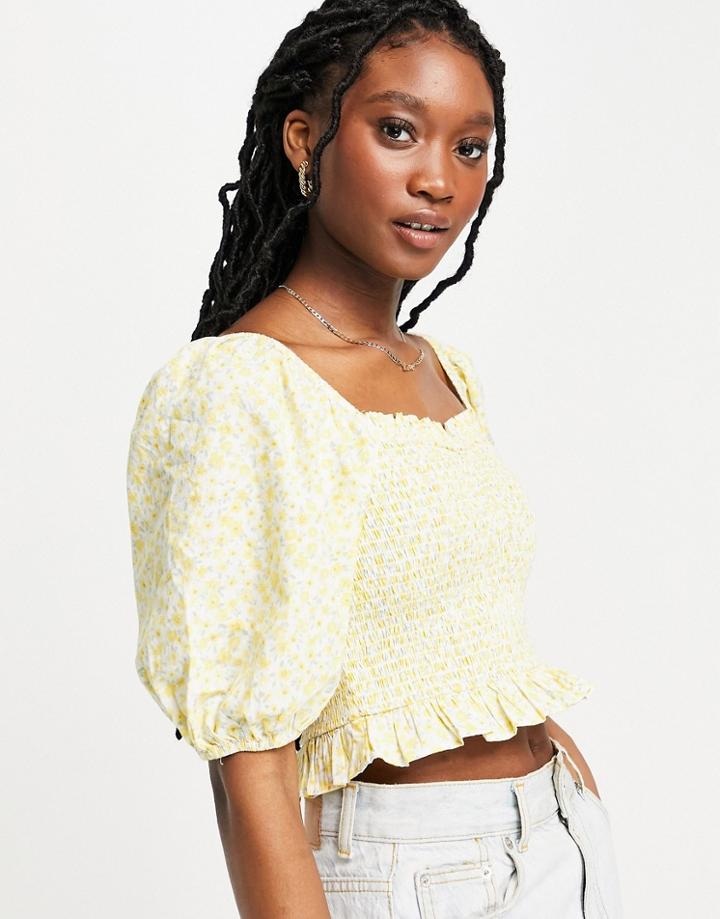 Miss Selfridge Volume Sleeve Shirred Blouse In Yellow Ditsy
