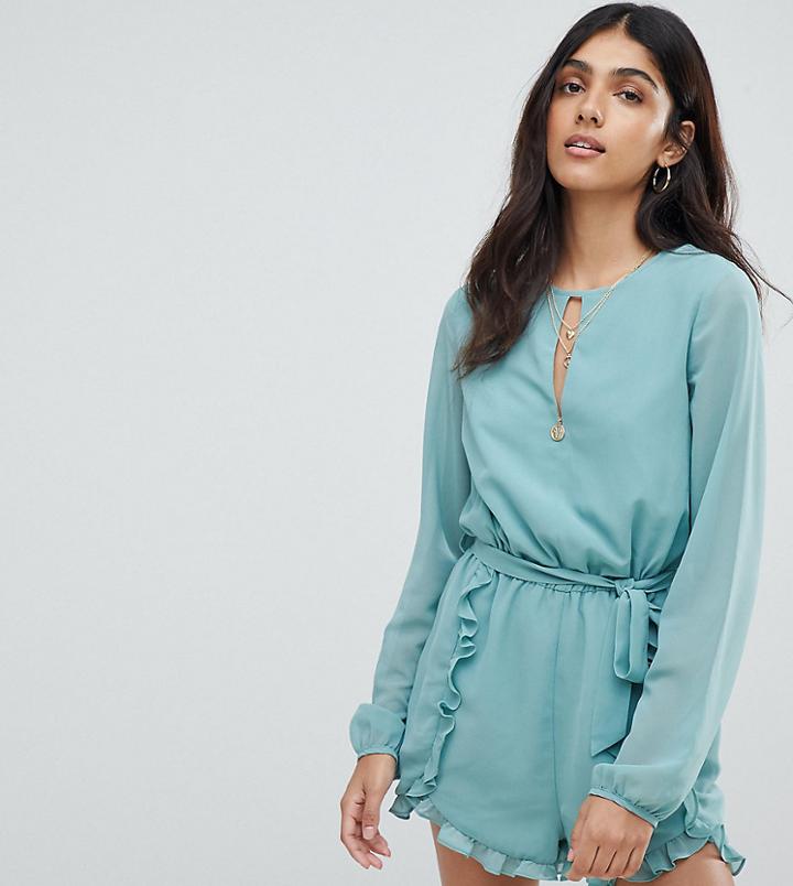 Glamorous Tall Romper With Frill Shorts And Tie Waist-green