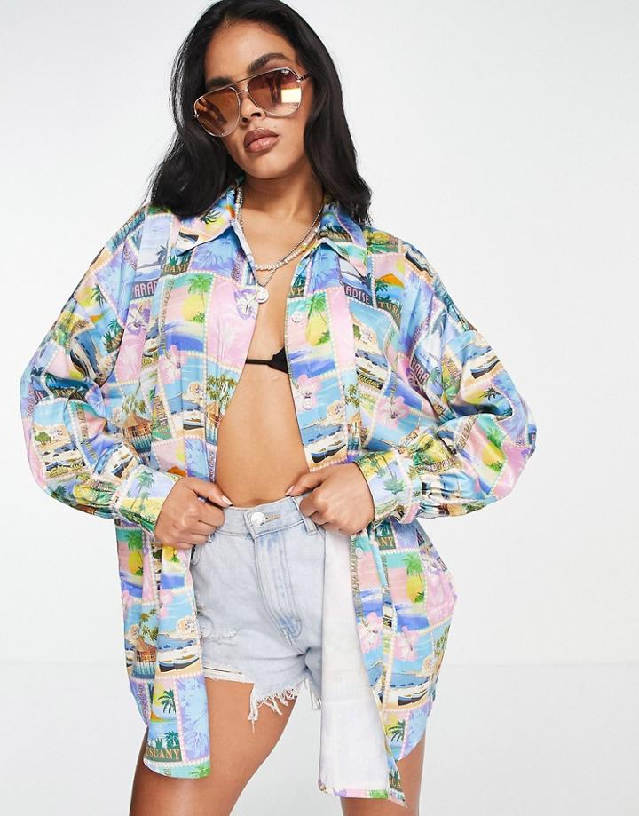 Asos Design Beach Shirt In Postcard Print-multi