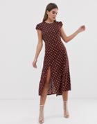 Prettylittlething Side Spit Midi Dress In Chocolate Polka Dot - Multi