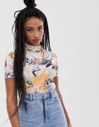 Asos Design Fitted Top In Marble Print With Short Sleeve-multi
