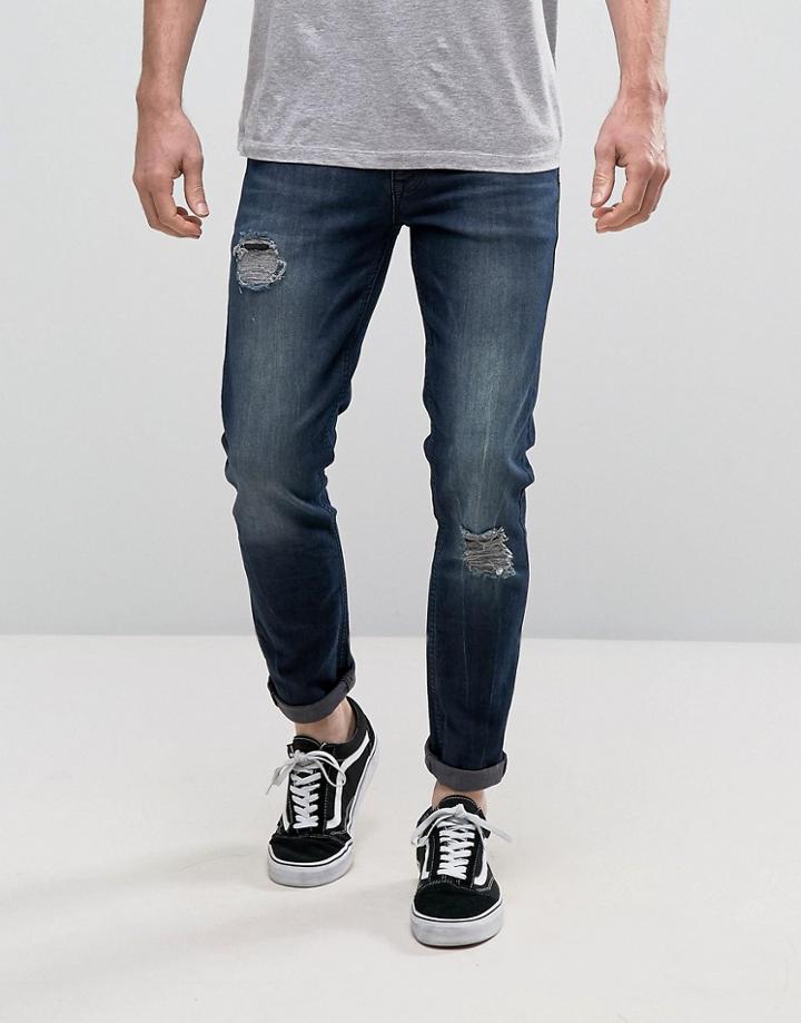 Asos Skinny Jeans In Vintage Dark Wash With Busted Knee - Blue