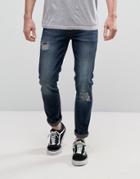 Asos Skinny Jeans In Vintage Dark Wash With Busted Knee - Blue