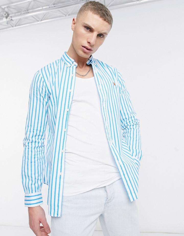 Polo Ralph Lauren Player Logo Sueded 80's Poplin Stripe Shirt Slim Fit Button Down In Turquoise/white-blues