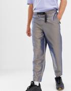 Asos Design Tapered Pants In Irridescent Nylon With Belt Detail - Gray