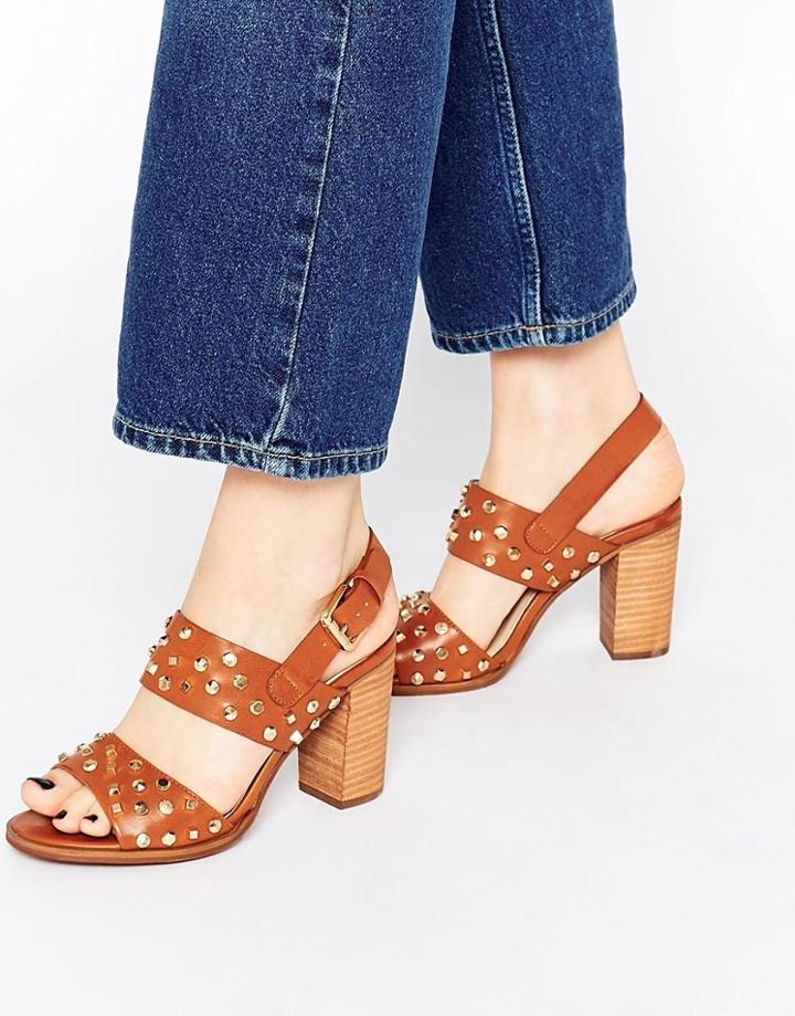 London Rebel Stud Block Heeled Sandals - Tan Pu