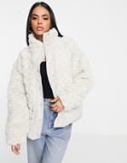 Qed London Contrast Diamond Stitch Faux Fur Coat In Stone-neutral