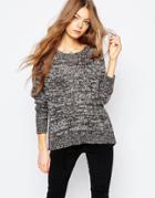 Brave Soul Round Neck Sweater With Zip Back - Gray Twist