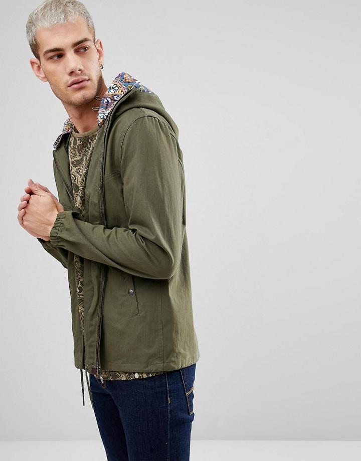 Pretty Green Cotton Sevenoaks Jacket With Printed Paisley Hood In Khaki - Green