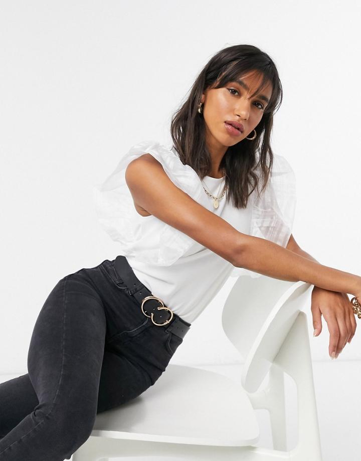 River Island Taffetta Frill Sleeve T-shirt In White