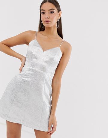 The Girlcode Glitter Jacquard Mini Skater Dress In Silver - Silver