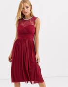 Lipsy Ruched Midi Dress With Lace Yolk And Embellished Neck In Berry-red