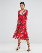 Asos Crepe Midi Dress In Floral Print - Multi