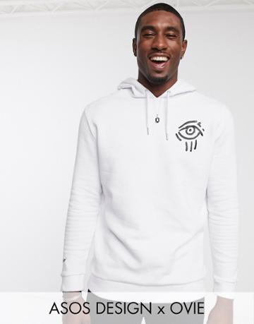 Asos Design X Ovie Longline Hoodie With Chest & Back Print-white