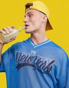 Asos Design Oversized T-shirt In Blue Mesh With V Neck And Collegiate City Print-blues