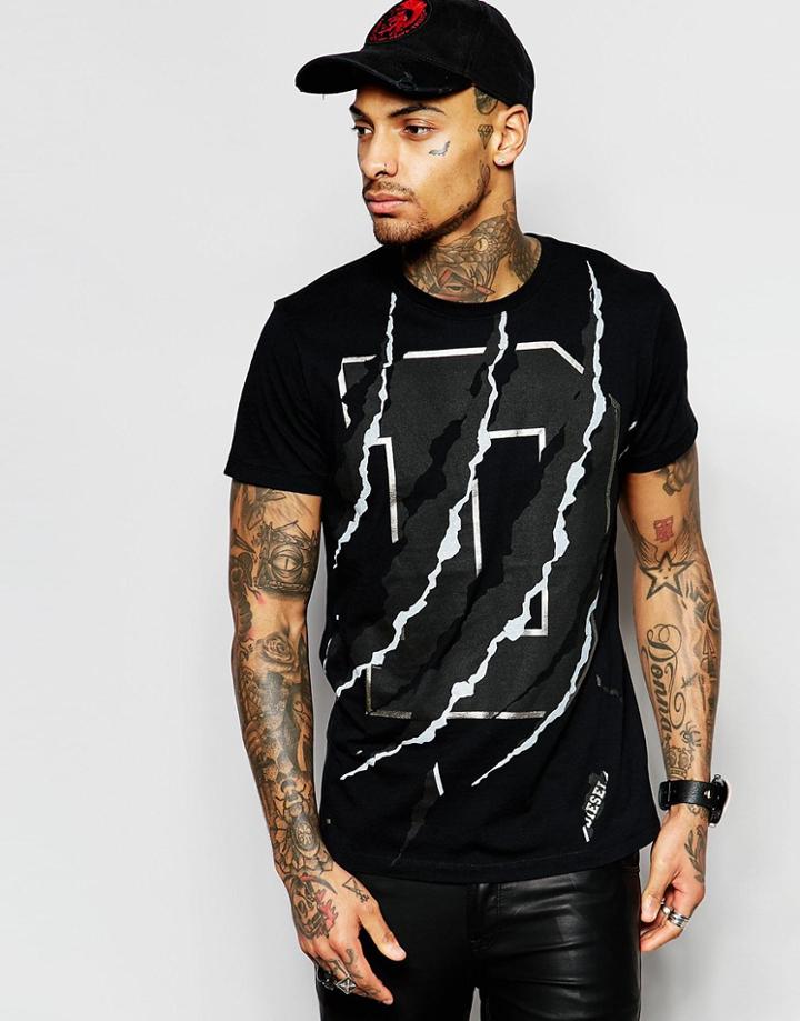 Diesel T-shirt T-diego-fn Crewneck Large D Slash Print In Black - Black