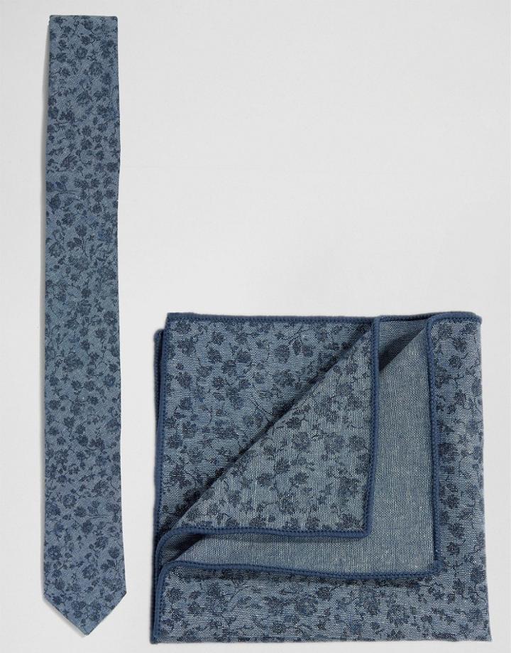 Minimum Tie And Pocket Square Set In Floral - Blue