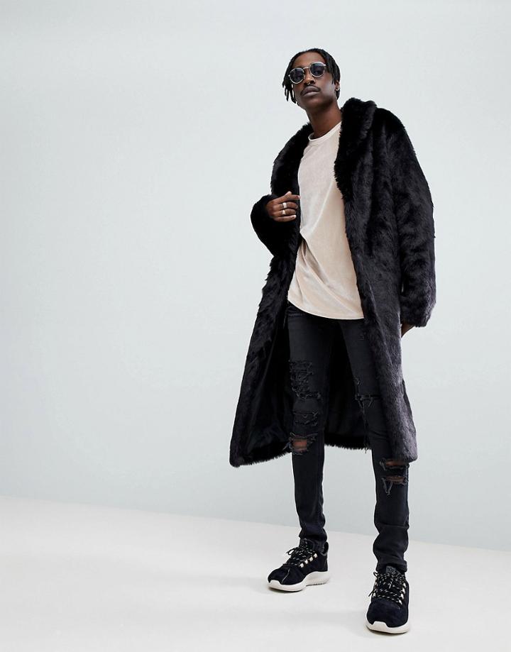 Asos Faux Fur Longline Coat In Black - Black
