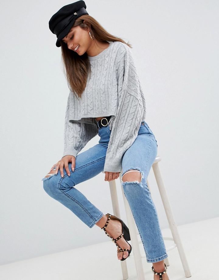 Ax Paris Cable Knit Cropped Sweater - Gray