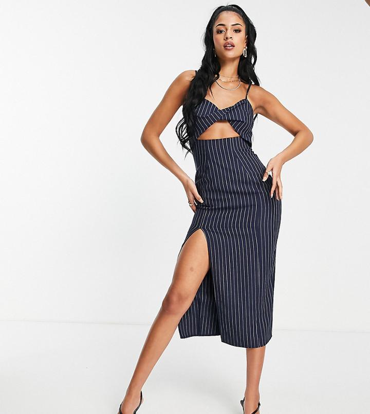 Asos Design Tall Twist Detail Midi Dress In Tailored Stripe-multi