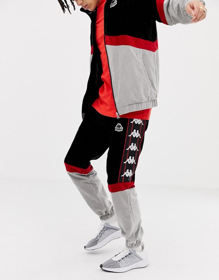 Kappa Cut & Sew Velvet Joggers With Logo Taping In Black & Gray - Black