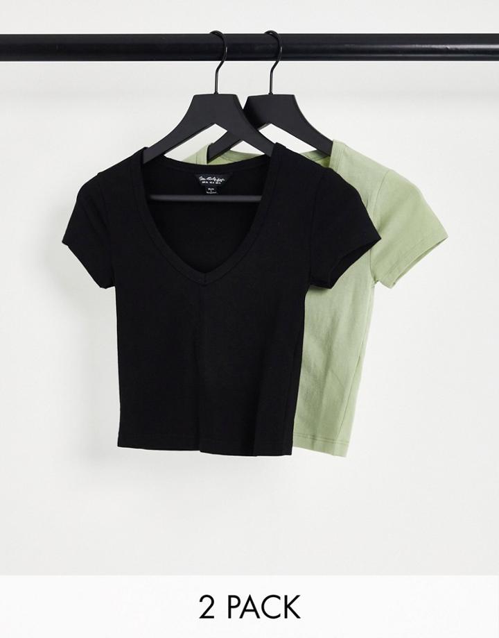 Miss Selfridge 2 Pack Short Sleeve V Neck Fitted T-shirt In Black And Sage