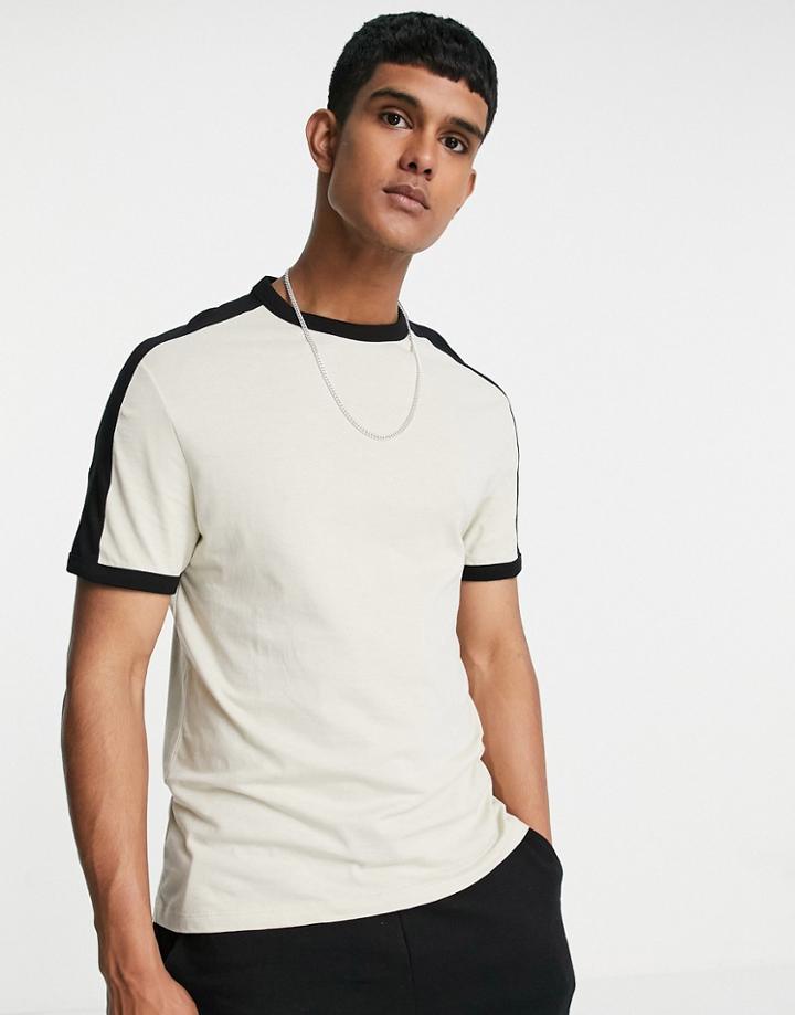 Asos Design Organic T-shirt In Beige & Black With Contrast Shoulder Panel-brown