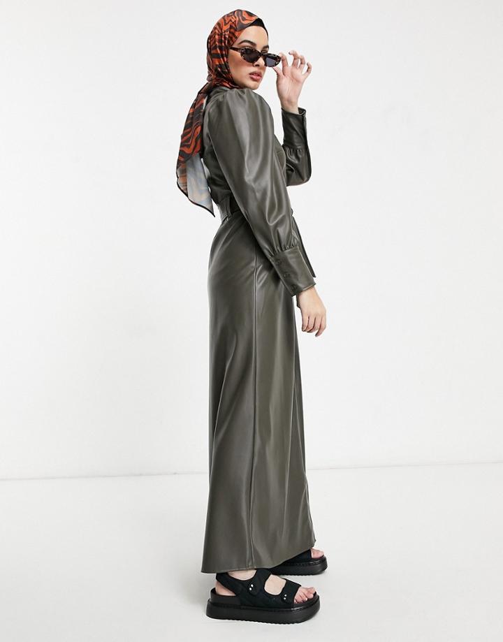 Asos Design Leather Look Maxi Shirt Dress In Olive-green