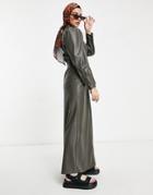 Asos Design Leather Look Maxi Shirt Dress In Olive-green