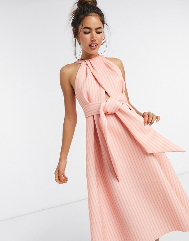Asos Design High Neck Belted Prom Midi Dress In Stripe-multi