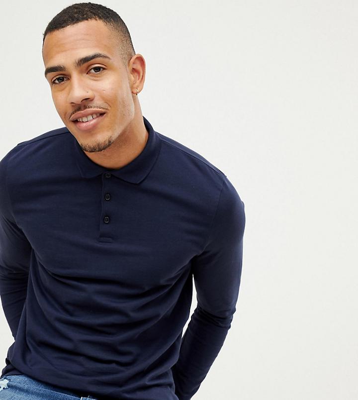 Asos Design Tall Long Sleeve Jersey Polo In Navy - Navy