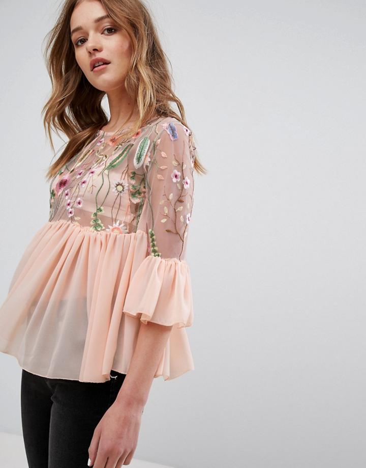 Parisian Embroidered Frill Top - Pink