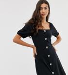 Asos Design Tall Slubby Mini Tea Dress With Faux Shell Buttons - Black