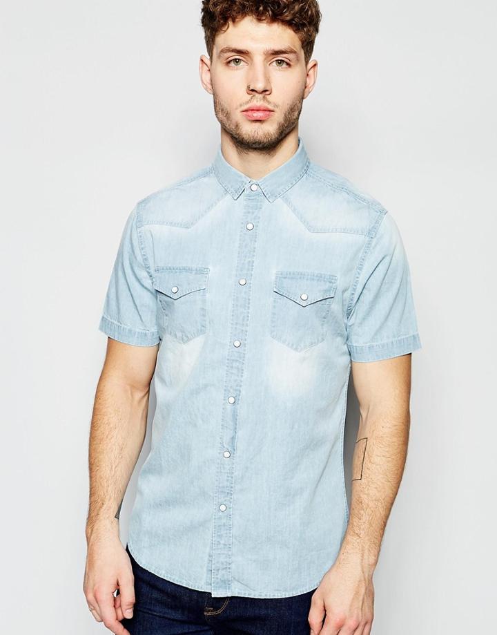 Brave Soul Washed Denim Short Sleeve Shirt - Blue