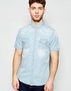Brave Soul Washed Denim Short Sleeve Shirt - Blue