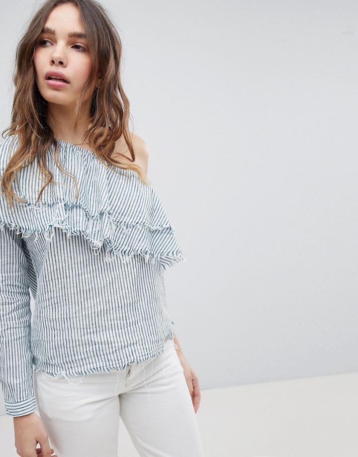 Only Striped Ruffle One Shoulder Top - Multi