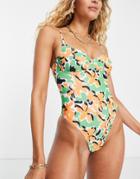 South Beach High Leg Swimsuit In Orange And Green Print