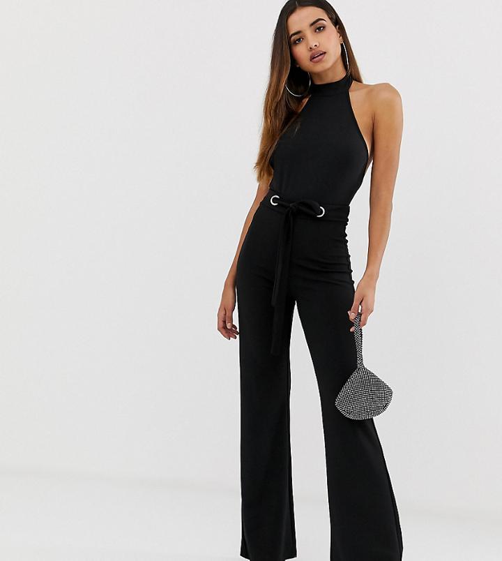 Missguided Wide Leg Pants With Eyelet Waist Detail In Black Stretch Crepe - Black
