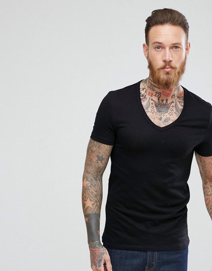 Asos Extreme Muscle Fit T-shirt With Deep V Neck And Stretch In Black - Black